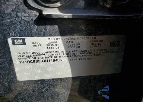 2018 Chevrolet Volt Lt из США, поврежденный, VIN 1G1RC6S50JU119485